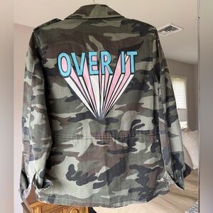 Honey Punch Camouflage “Over It” Graphic Jacket in Green and Brown, sz L